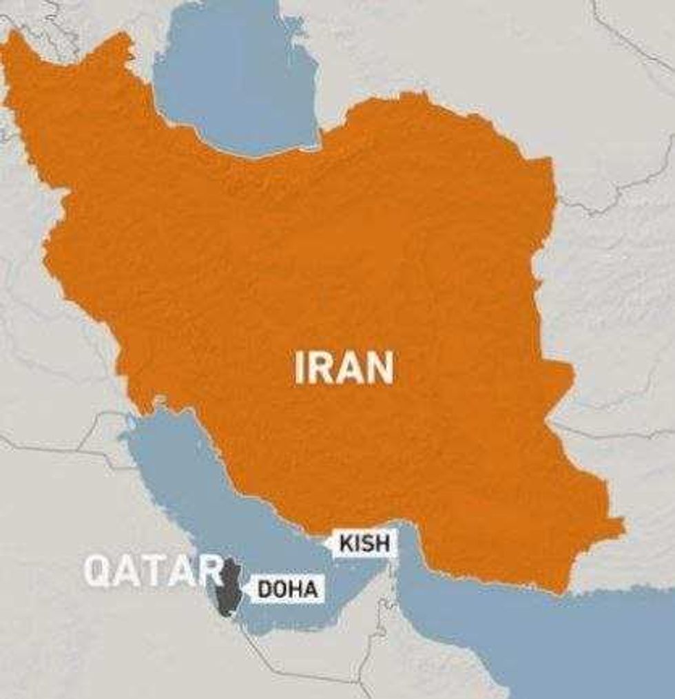 Map showing Qatar and Iran are separated by the Persian Gulf