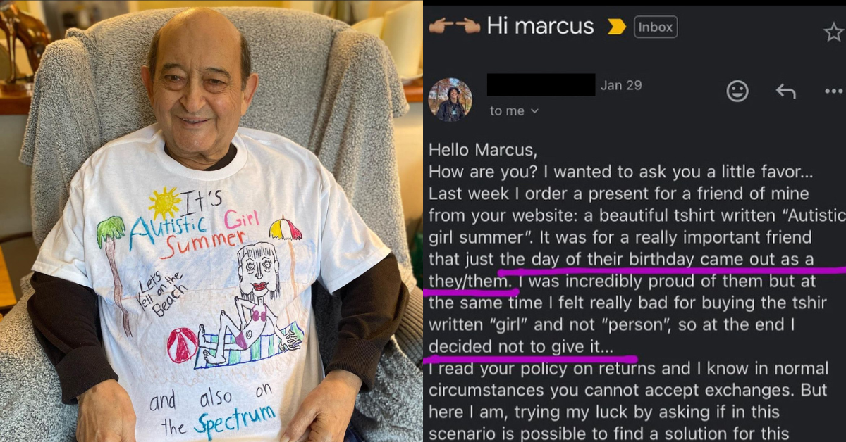 Marcus Pork wearing 'Autistic Girl Summer' shirt; screenshot of email