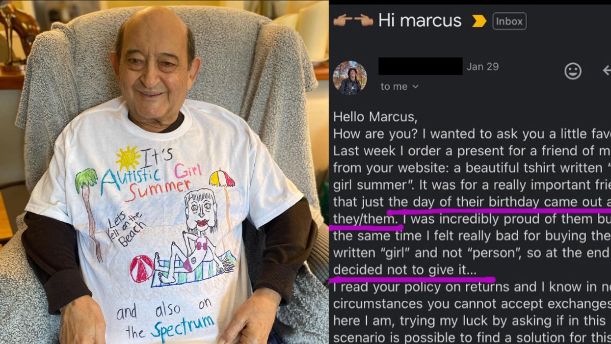 Marcus Pork wearing 'Autistic Girl Summer' shirt; screenshot of email