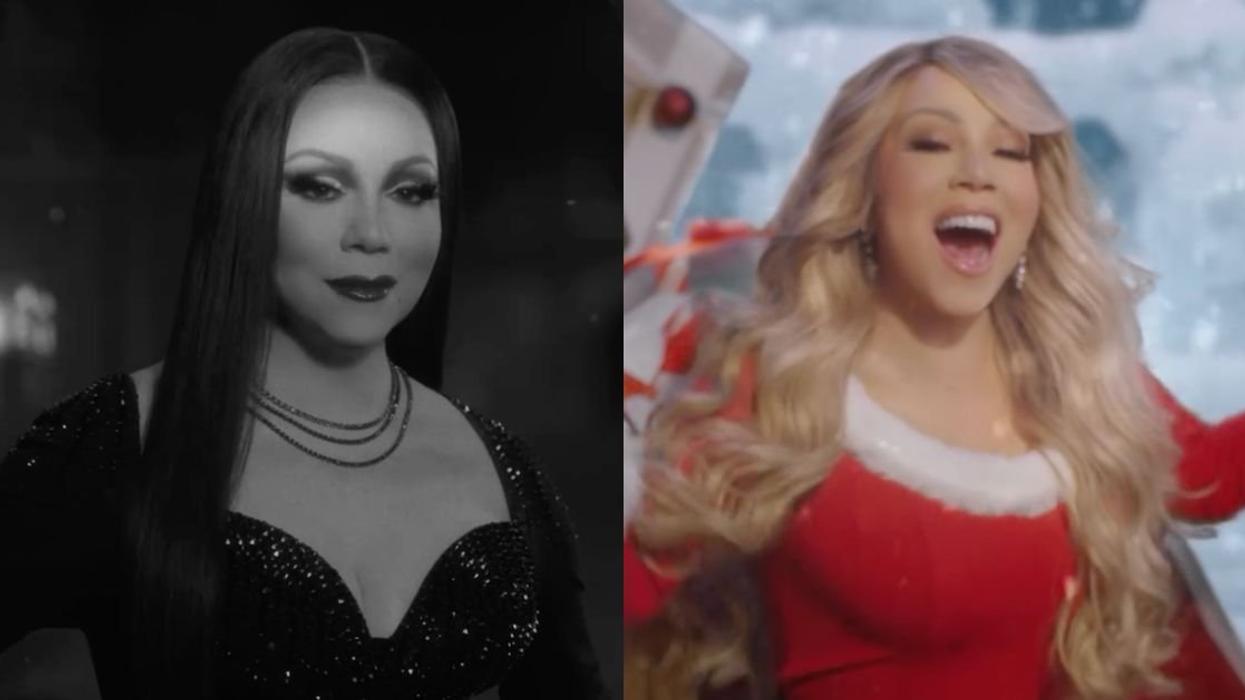 Mariah Carey as Morticia Addams; Carey in red Santa outfit