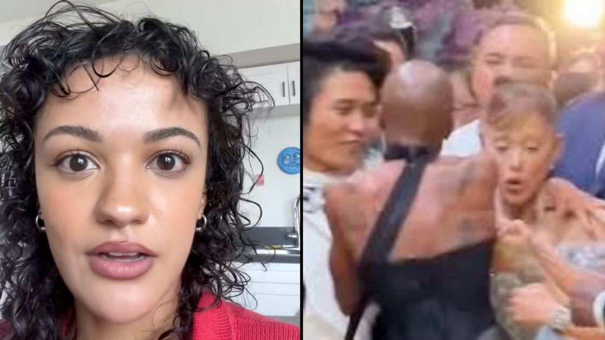 Marissa Bode (L) addresses the viral moment in Singapore where a man rushed Ariana Grande on the yellow carpet (R).