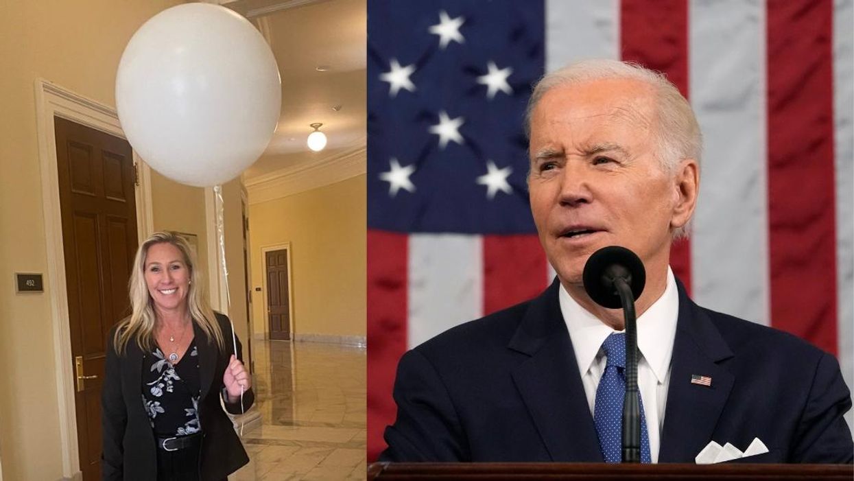 Marjorie Taylor Greene holding a white balloon; Joe Biden