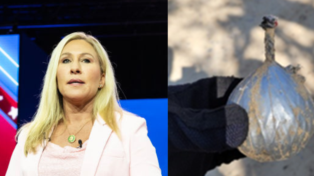 Marjorie Taylor Greene; photo of fake explosive device