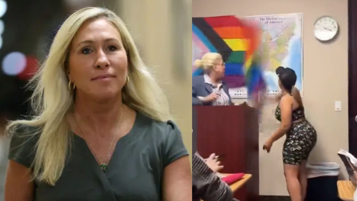Marjorie Taylor Greene; Twitter screenshot from skit of woman tearing down a Pride flag