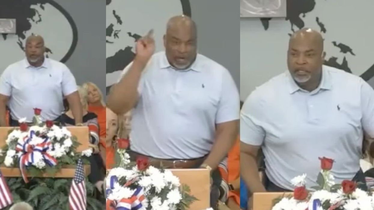 Mark Robinson delivering speech at Lake Church in White Lake, North Carolina