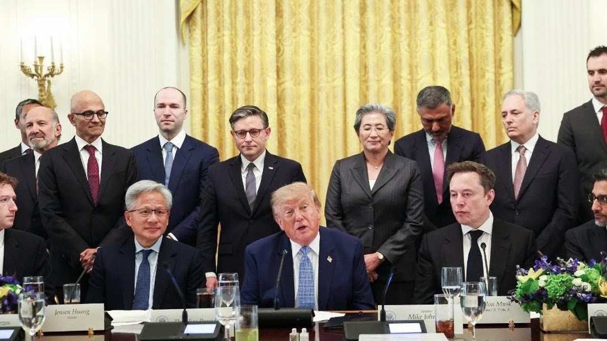 Mark Zuckerberg, Jensen Huang, Donald Trump, Elon Musk, and Sundar Pichai seated at a table while others look on