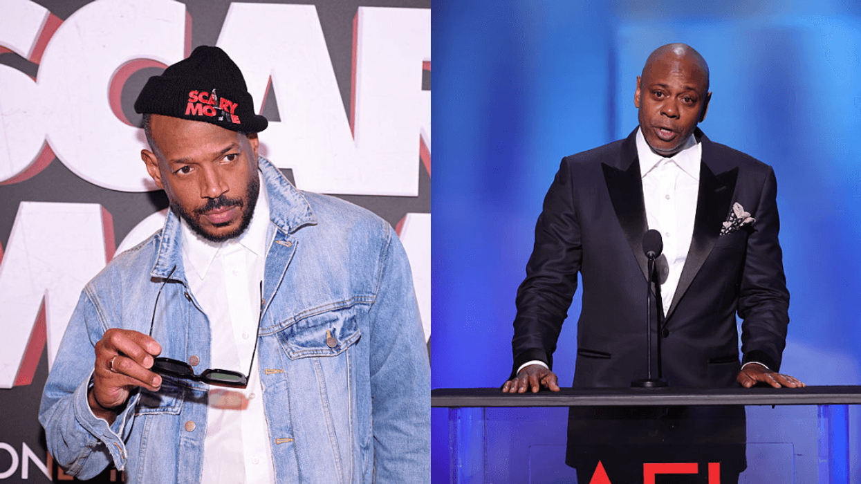 Marlon Wayans on a red carpet; Dave Chappelle accepting an award.