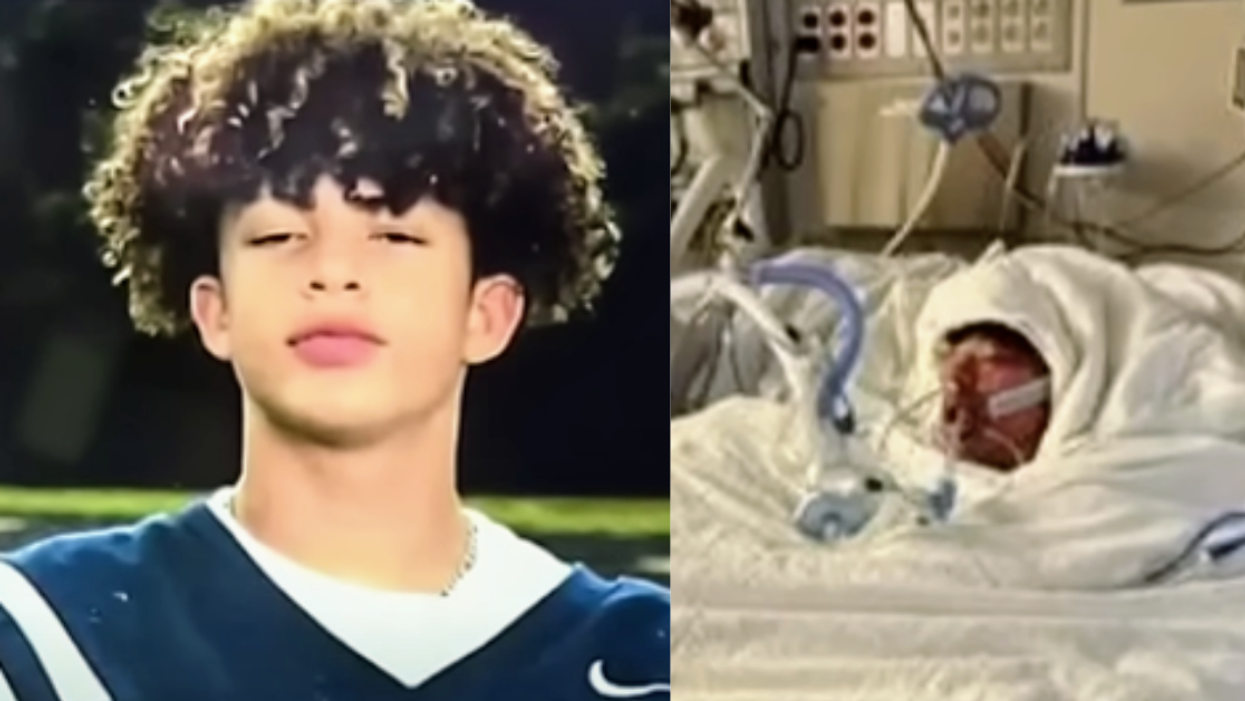 Mason Dark in his football uniform; Mason Dark in the hospital burn unit