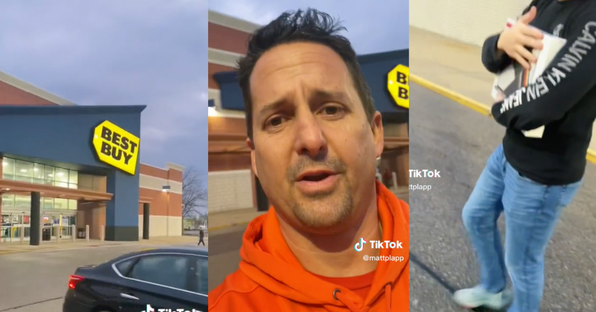 Matt Plapp outside a Best Buy in screenshots from his TikTok video