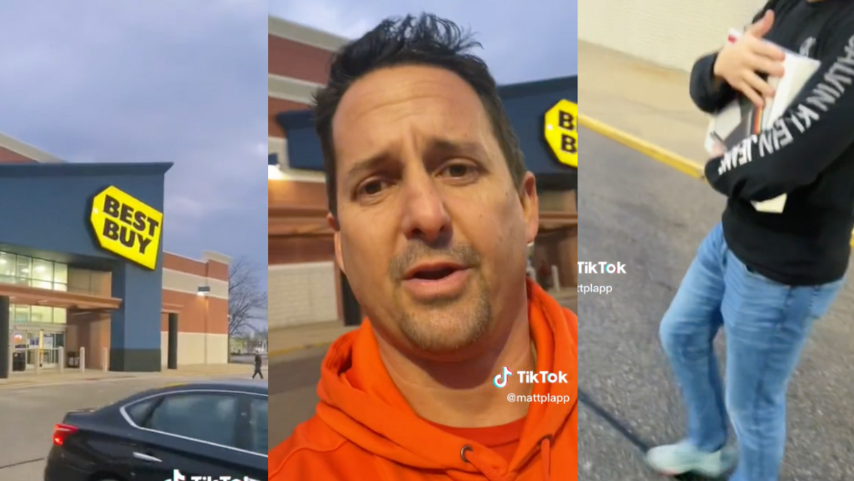 Matt Plapp outside a Best Buy in screenshots from his TikTok video