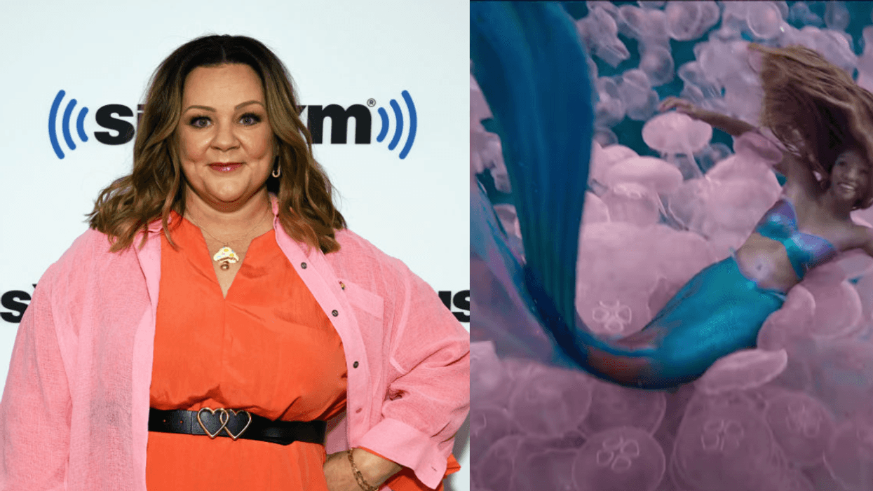 Melissa McCarthy; screenshot of Halle Bailey as Ariel