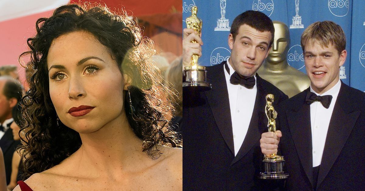 Minnie Driver at the 1998 Oscars; Ben Affleck and Matt Damon with their Oscars after winning at the 1998 Academy Awards