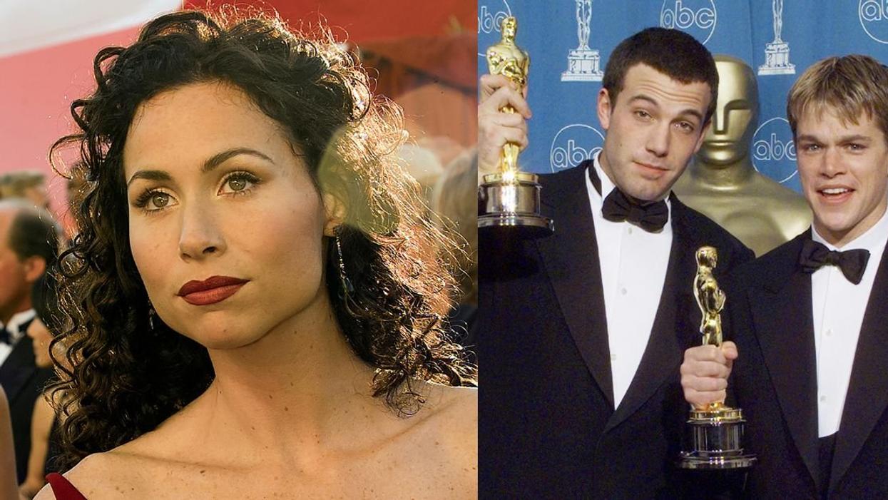 Minnie Driver at the 1998 Oscars; Ben Affleck and Matt Damon with their Oscars after winning at the 1998 Academy Awards