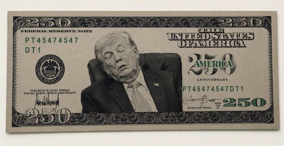 Mock image of $250 bill with a sleeping Donald Trump