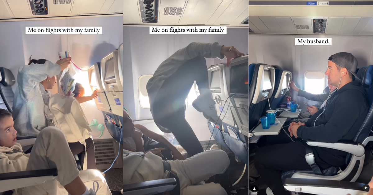 Mother taking care of kids on flight while father relaxes
