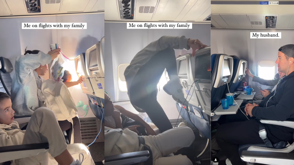 Mother taking care of kids on flight while father relaxes