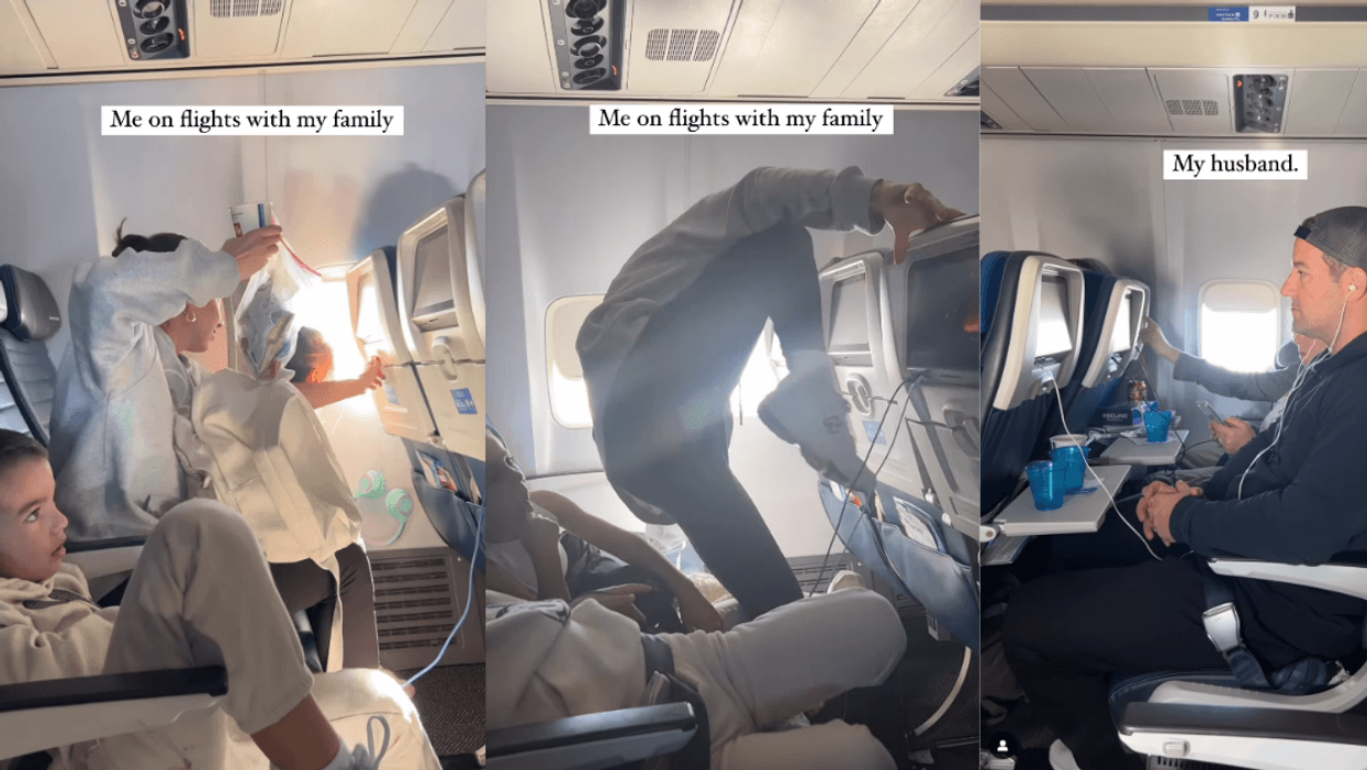 Mother taking care of kids on flight while father relaxes