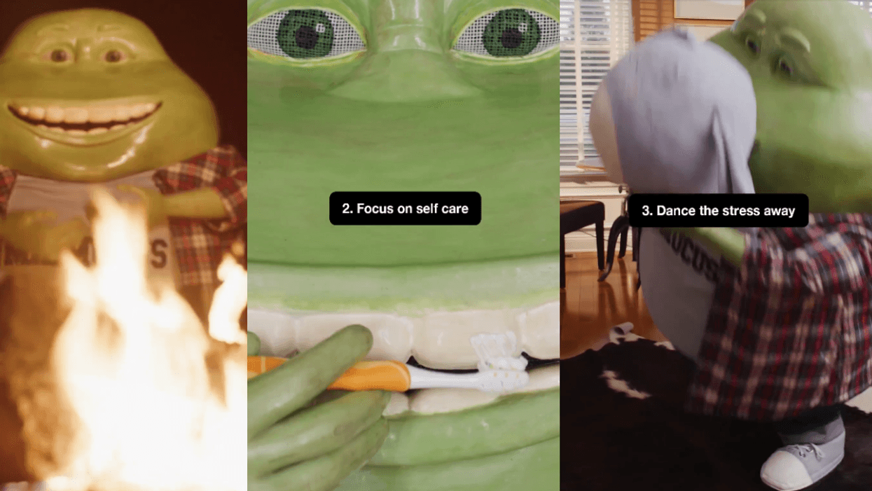 Mr Mucus dancing by fire; Mr Mucus brushing teeth; Mr. Mucus dancing