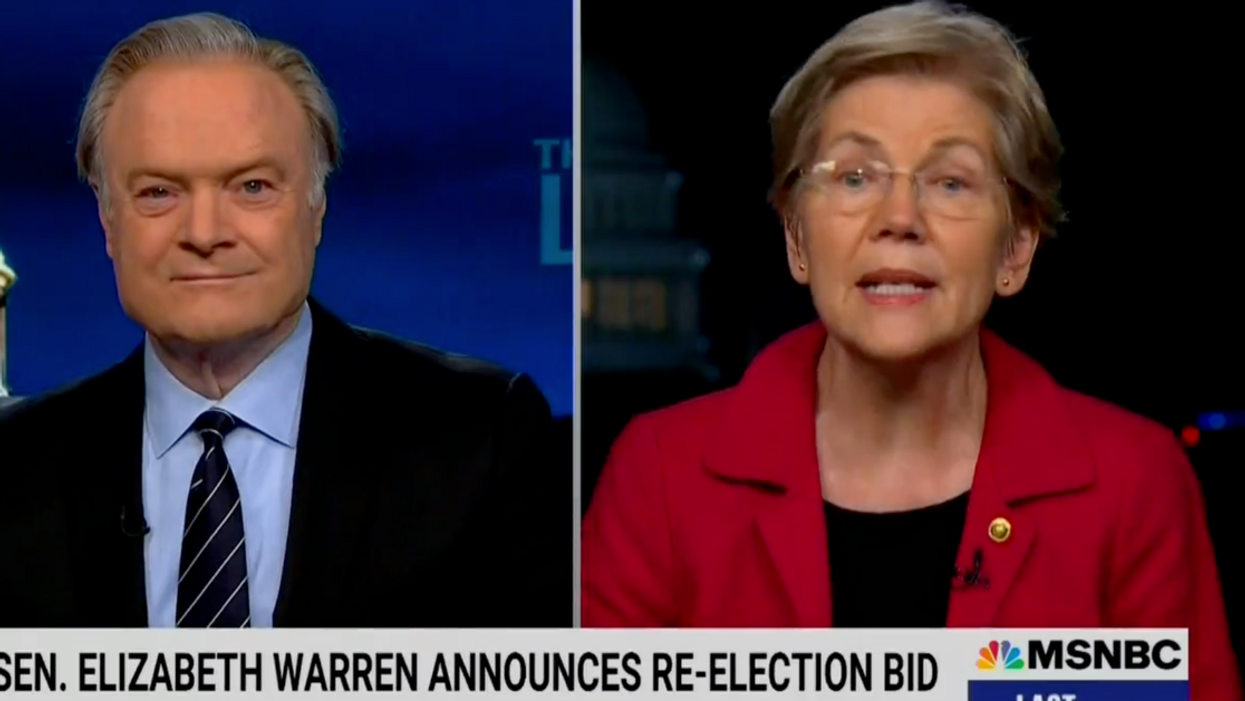 MSNBC screenshot of Elizabeth Warren speaking to Lawrence O'Donnell