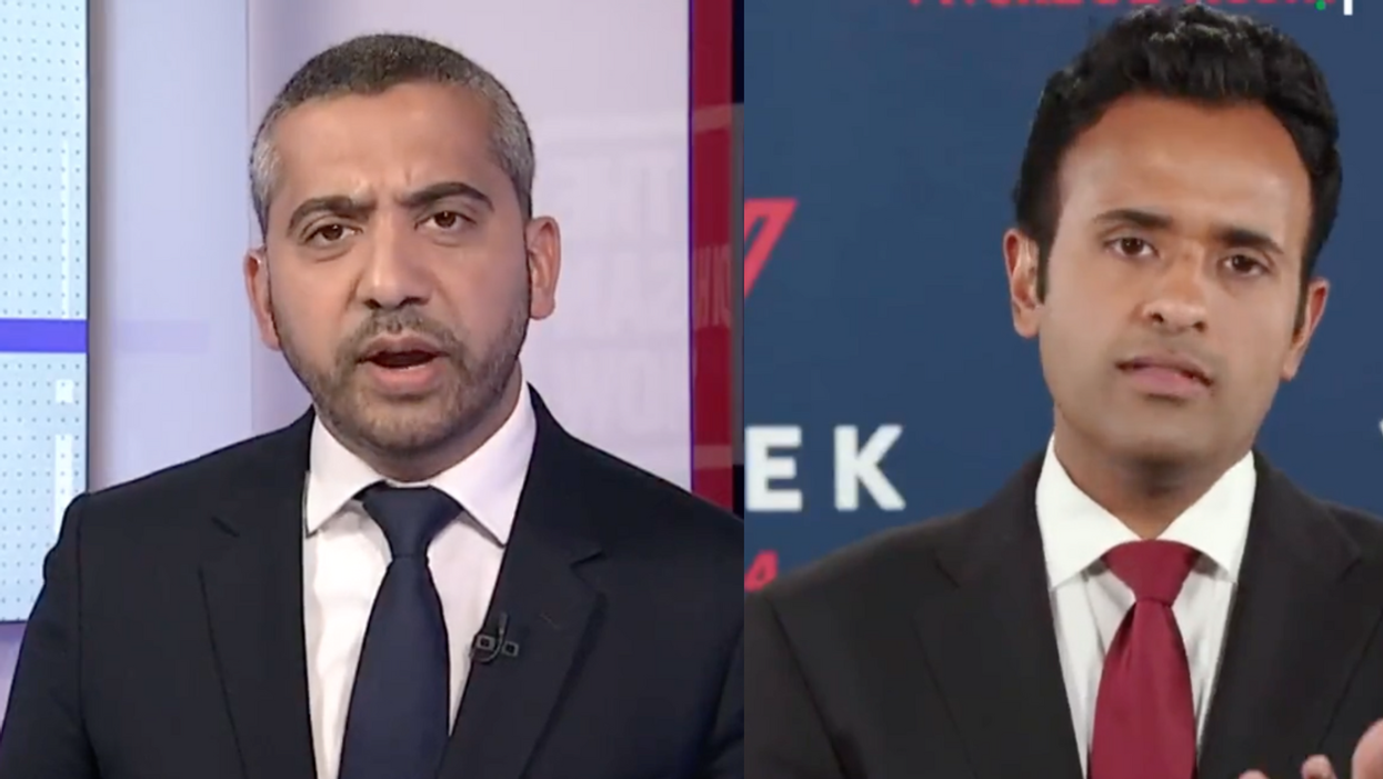 MSNBC screenshot of Medhi Hasan and Vivek Ramaswamy