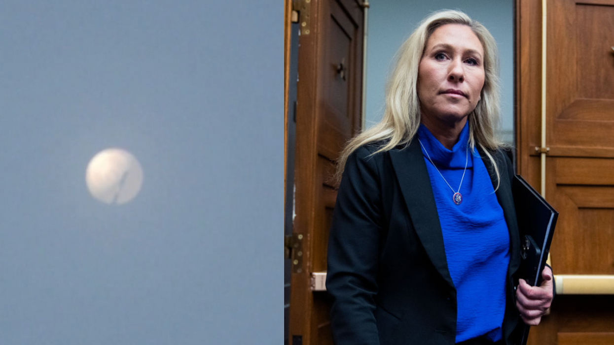 NBC News screenshot of purported Chinese sky balloon floating over Montana; Marjorie Taylor Greene