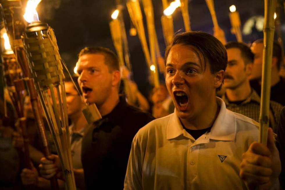 Neo Nazis, Alt-Right, and White Supremacists encircle and chant in Charlottesville, VA