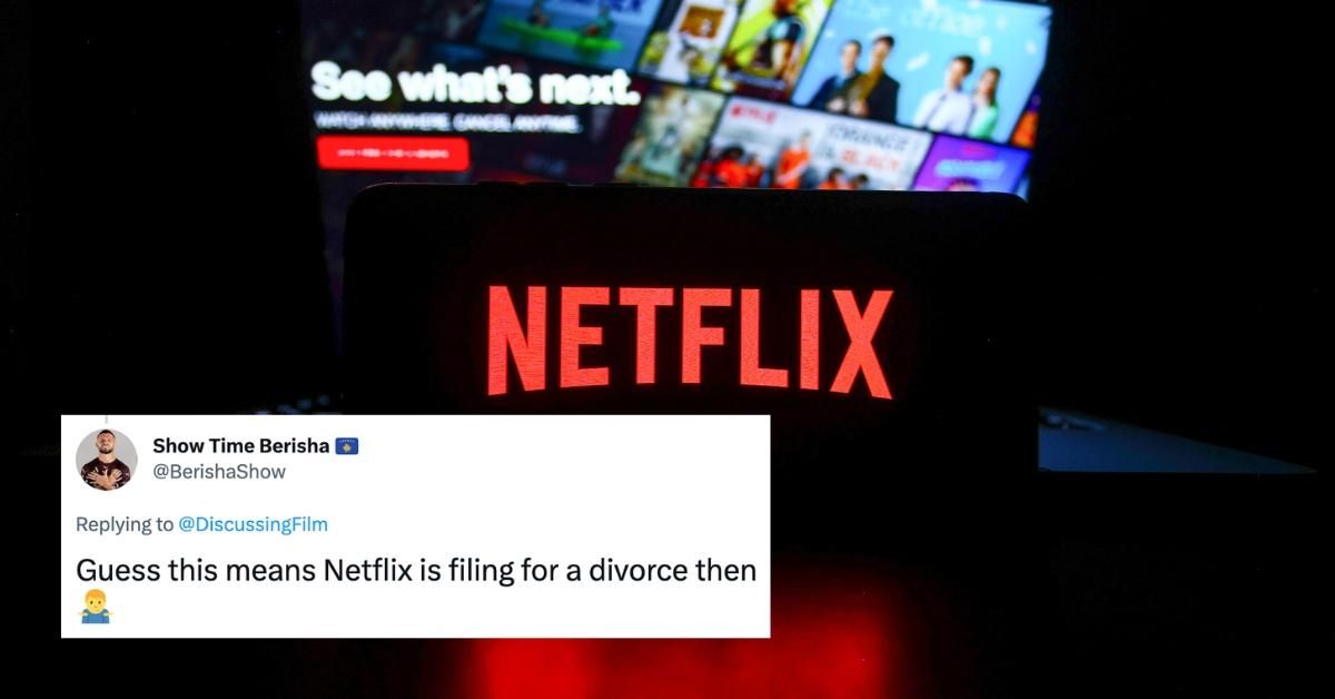 Netflix promo stock photo with tweet overlayed reading 'Guess this means Netflix is filing for a divorce then'