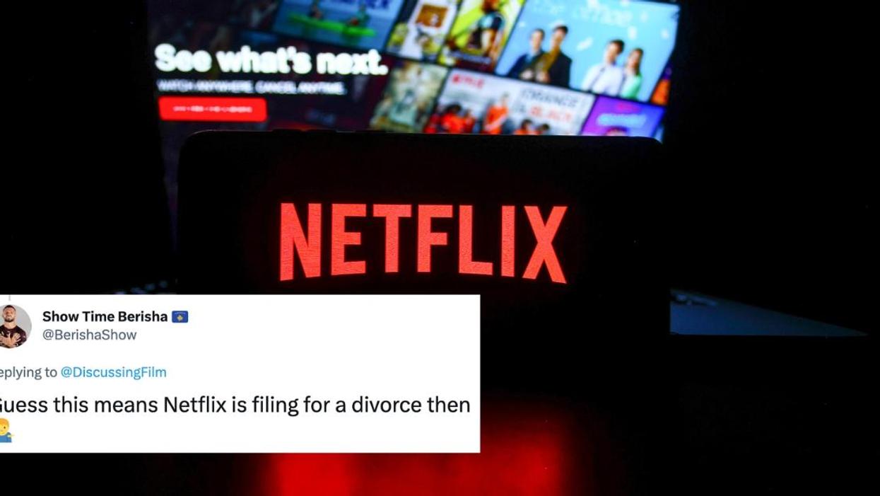Netflix promo stock photo with tweet overlayed reading 'Guess this means Netflix is filing for a divorce then'