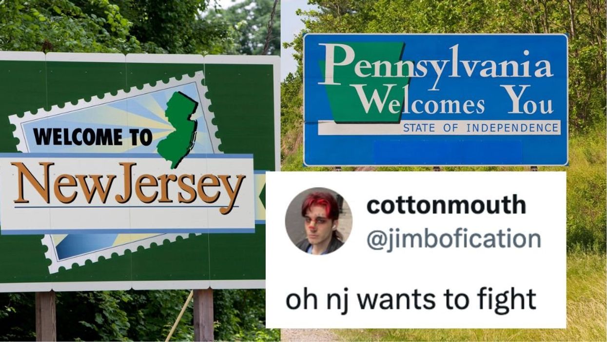 New Jersey Pennsylvania welcome signs with overlay tweet from @jimbofication that reads "oh nj wants to fight"