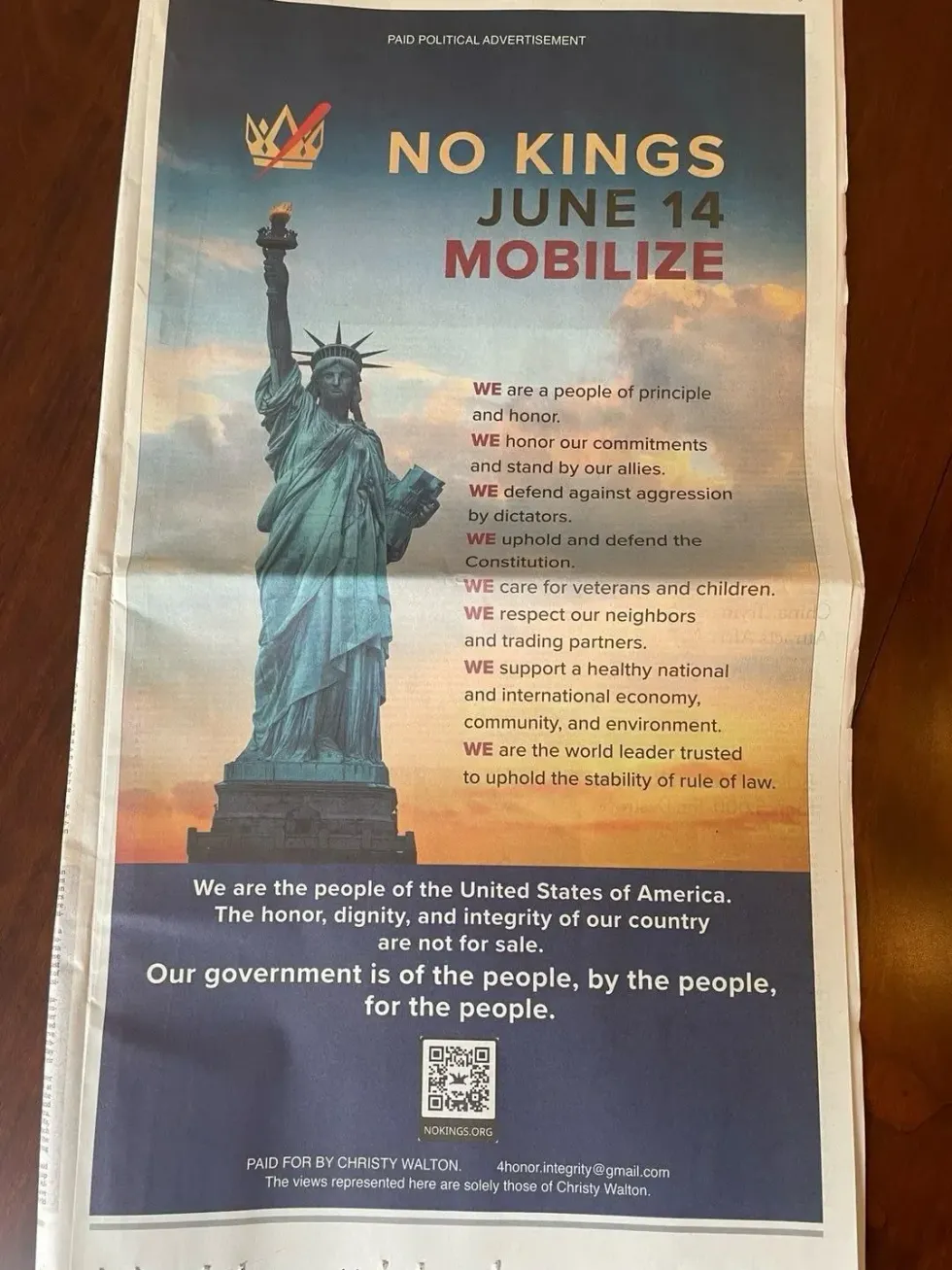 New York Times "No Kings" ad paid for by Christy Walton