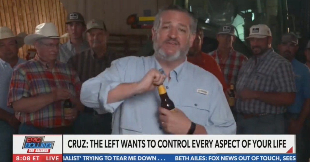 Newsmax screenshot of Ted Cruz preparing to swig beer during interview