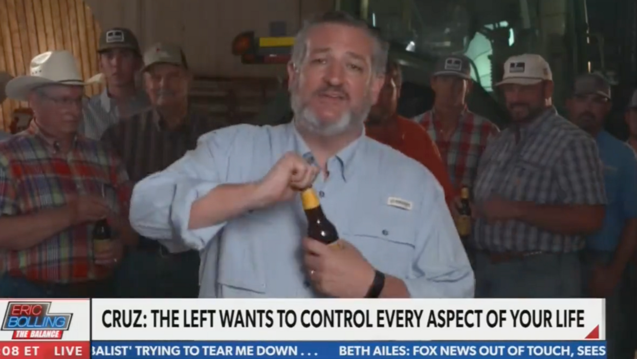Newsmax screenshot of Ted Cruz preparing to swig beer during interview