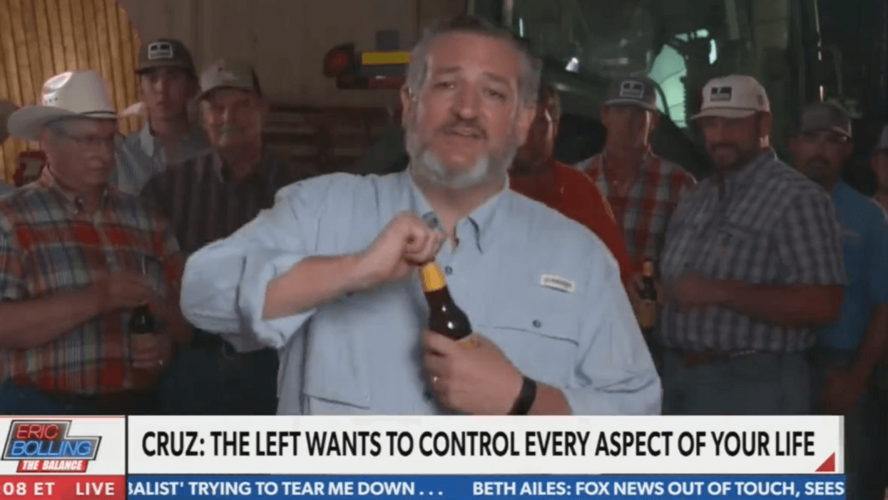 Newsmax screenshot of Ted Cruz preparing to swig beer during interview