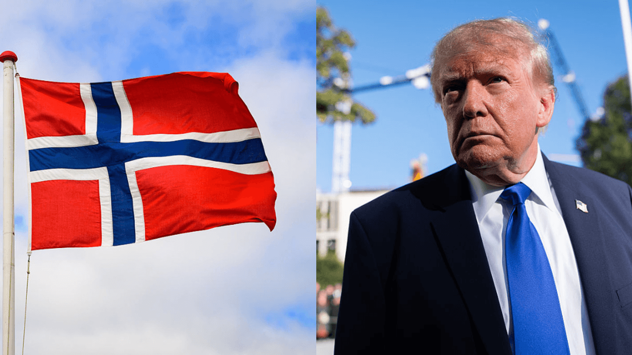Norwegian national flag on flagpole; Donald Trump