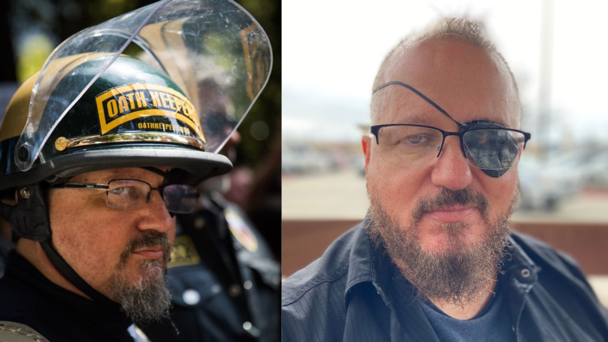 Oath Keepers founder Stewart Rhodes at a Trump MAGA rally in 2017 and on video chat in 2021