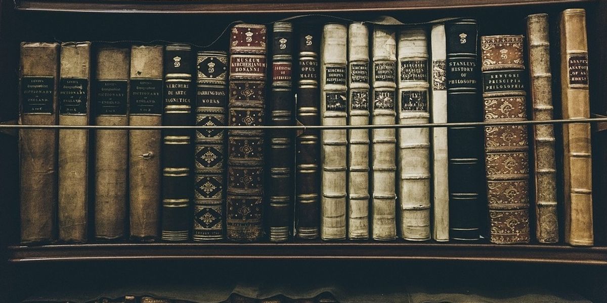 Old books sit on a library shelf