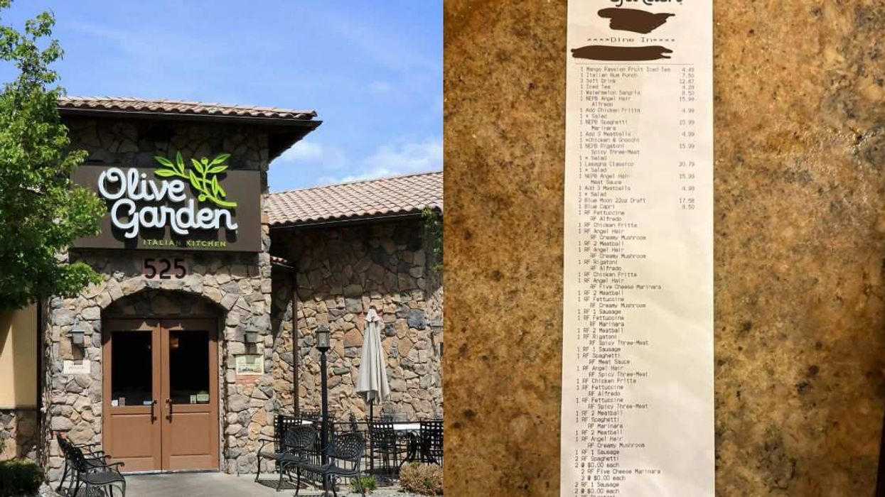 Olive Garden restaurant exterior (left) and a viral Reddit photo of an extra-long receipt (right)