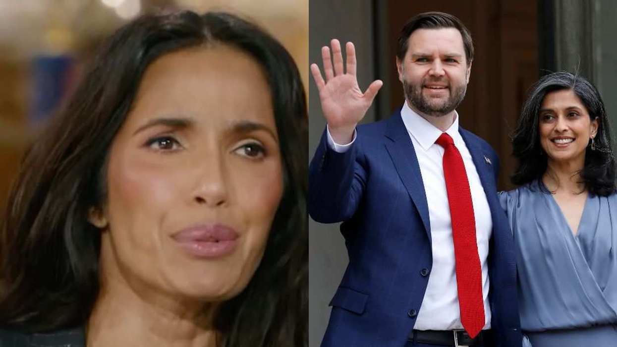 Padma Lakshmi (left) reacts during an appearance on The Daily Show as Vice President JD Vance (right) stands with his wife, Second Lady Usha Vance (right).