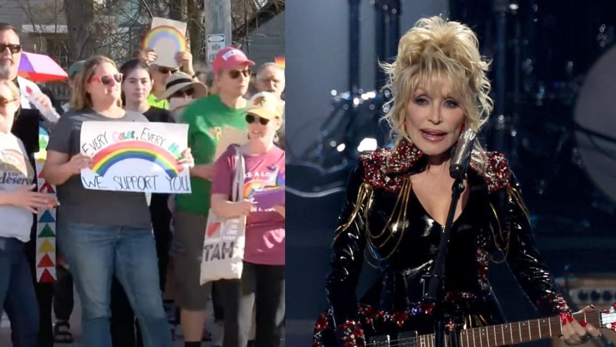 Parents protesting in front of the Waukesha School District; Dolly Parton
