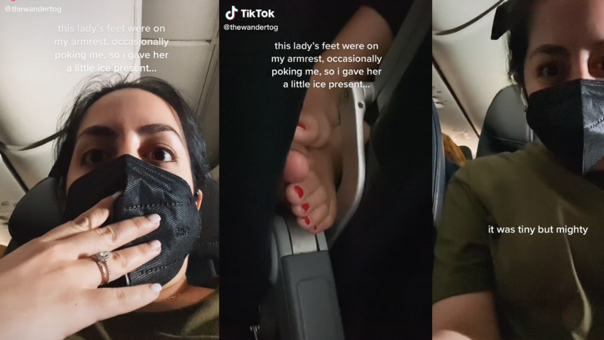 Passenger frustrated by another passenger's bare feet touching them