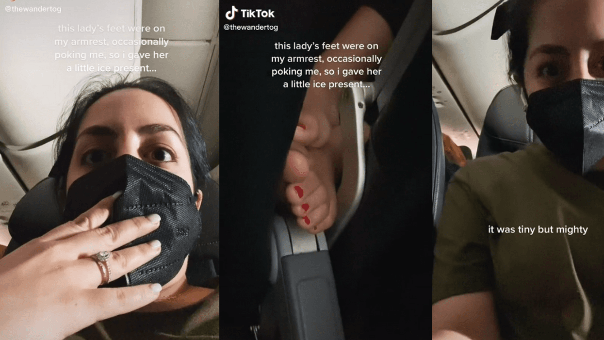 Passenger frustrated by another passenger's bare feet touching them