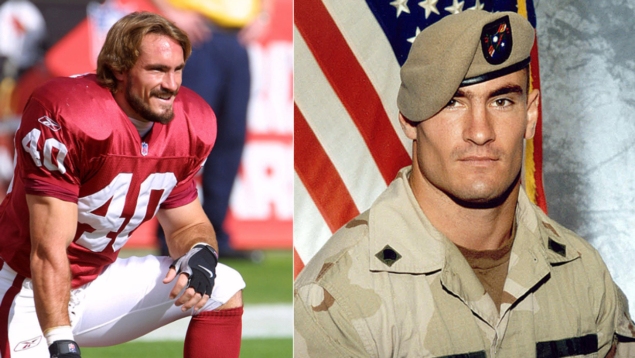 Pat Tillman in his NFL days; Pat Tillman's official military photo