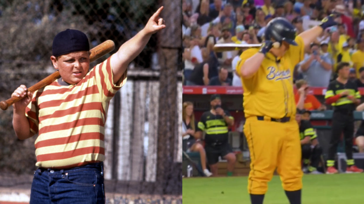 Patrick Renna in 'The Sandlot'; Patrick Renna stepping up to bat with the Savannah Bananas
