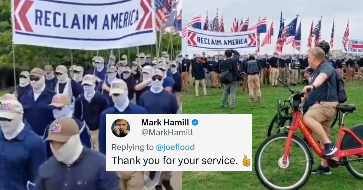 Patriot Front protesters; Joe Flood on redbike counterprotesting; tweet by Mark Hamill 'Thank you for your service. 👍'