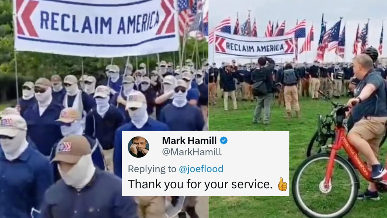 Patriot Front protesters; Joe Flood on redbike counterprotesting; tweet by Mark Hamill 'Thank you for your service. 👍'