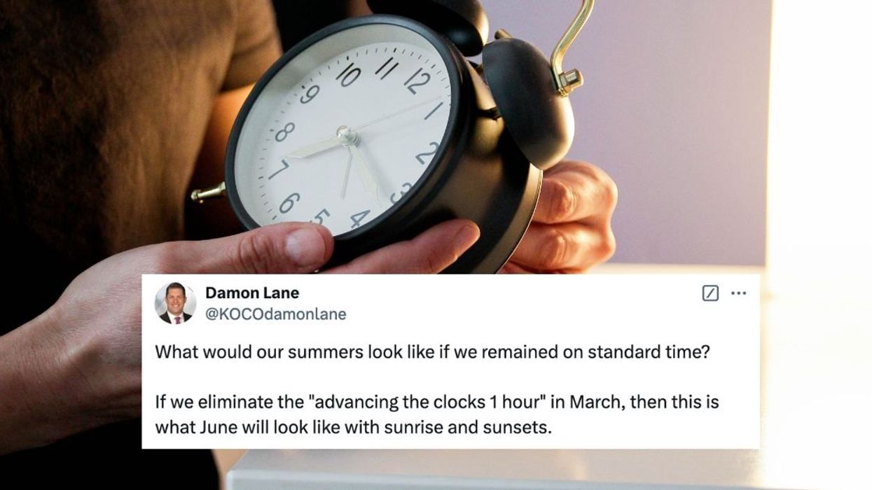 Person adjusting alarm clock; @KOCOdamonLane tweet asking, 'What would our summers look like if we remained on standard time?'