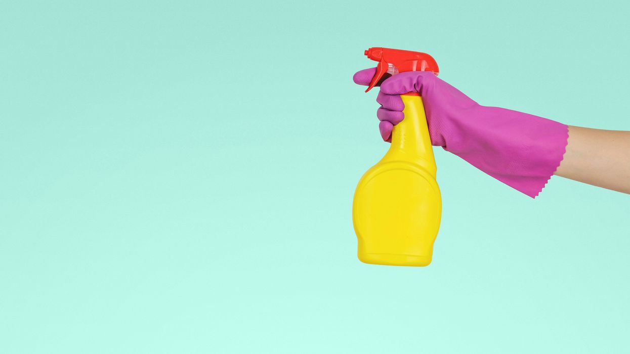 Person holding spray bottle while cleaning home