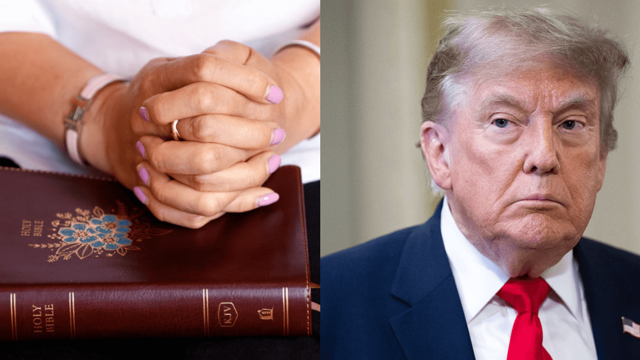 Person with Bible; Donald Trump