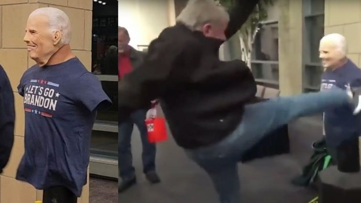 Photo of the Biden dummy; screenshot from video of man kicking the Biden dummy