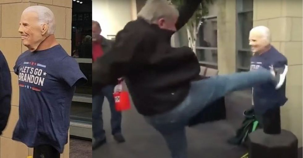 Photo of the Biden dummy; screenshot from video of man kicking the Biden dummy